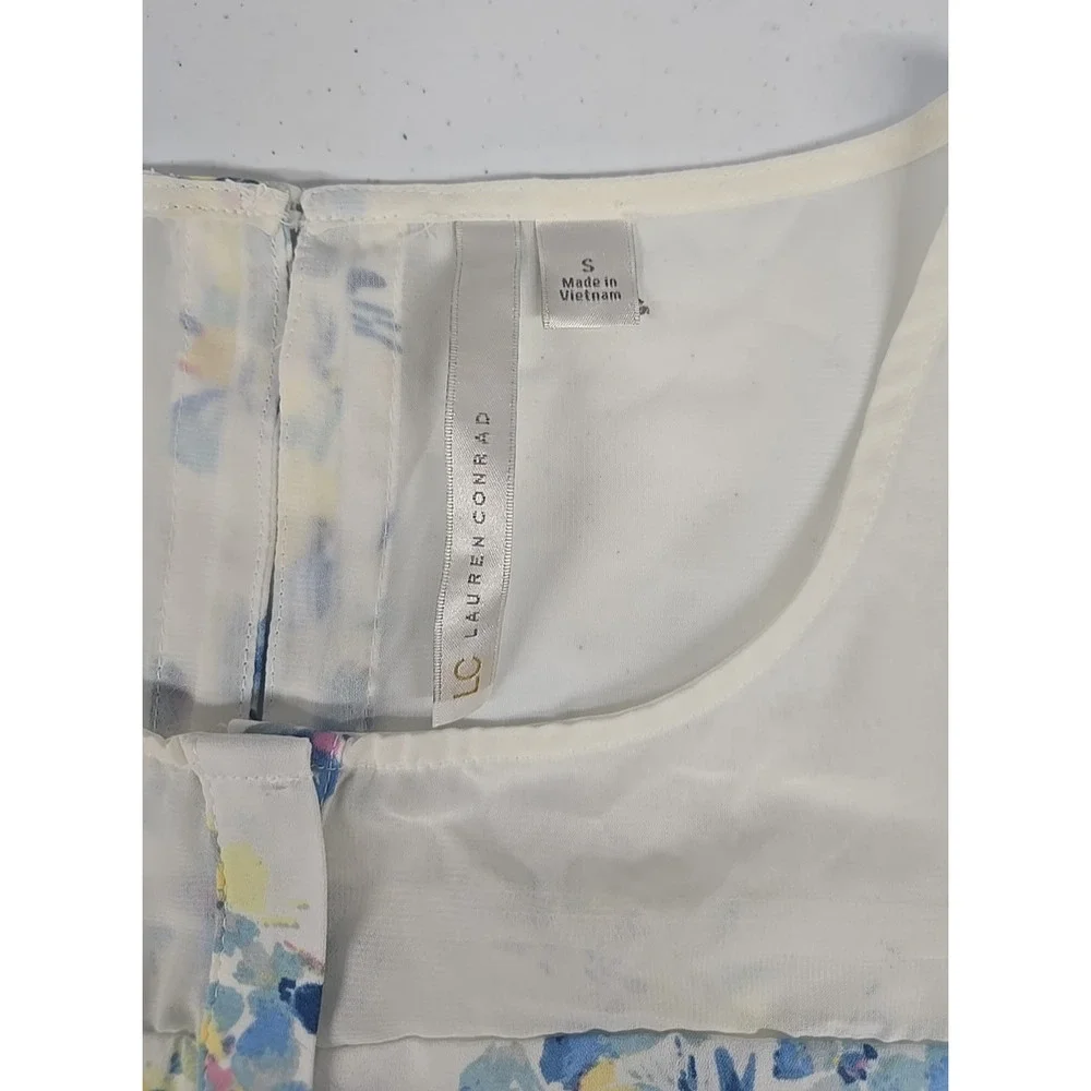 Lauren Conrad Womens Sleeveless Floral Blouse White Blue Yellow Boho Size S